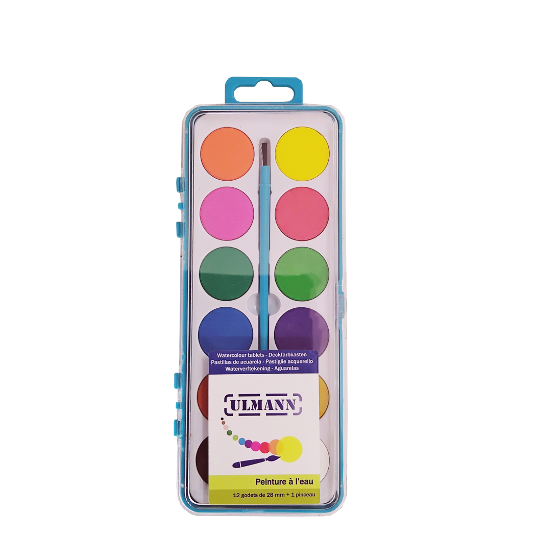 P0199008 - BTE PLAST. PEINT EAU 12 GODET 28mm+PINCEAU ULM